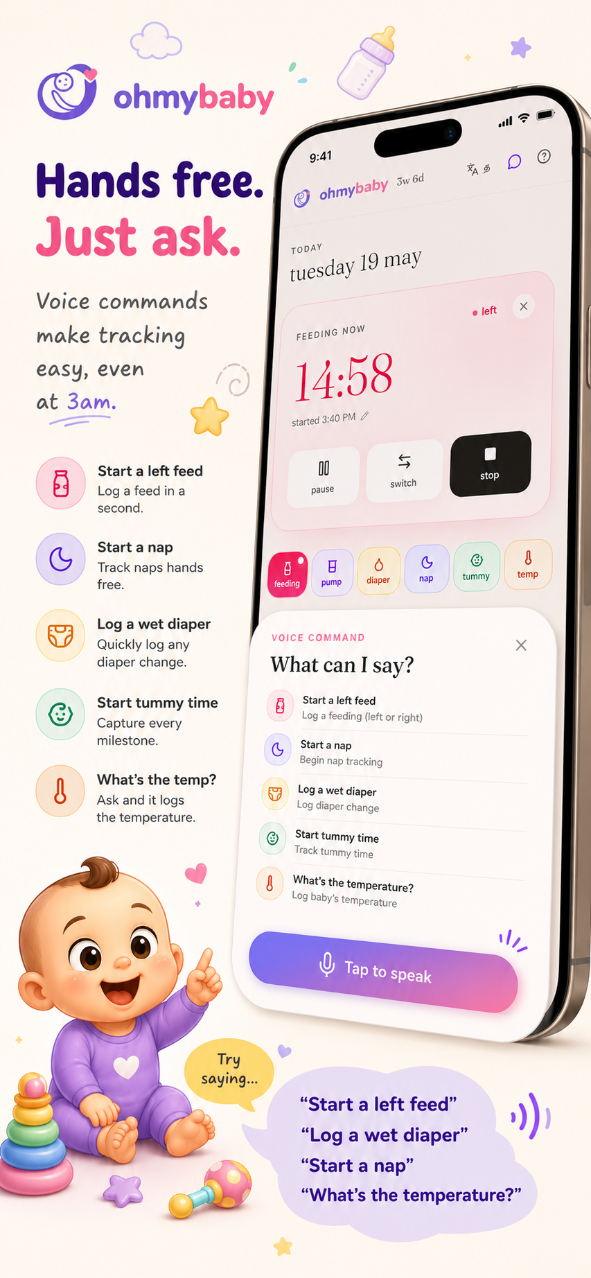 ohmybaby hands-free voice commands for starting feeds, naps, wet diapers, tummy time, and temperature logs