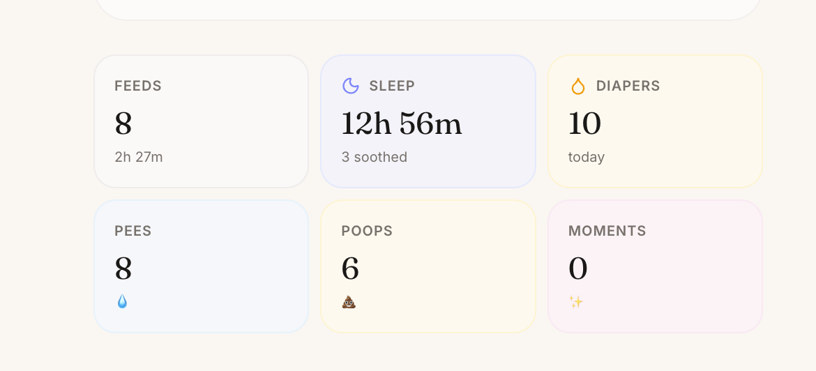 ohmybaby stats screen showing baby sleep duration, soothing count, diaper count, and daily care summary